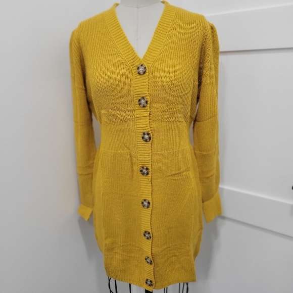 KOJOOIN Women's Button Down Ribbed Knit Slim Long Sleeve V Neck Sweater Dress M - Picture 3 of 12